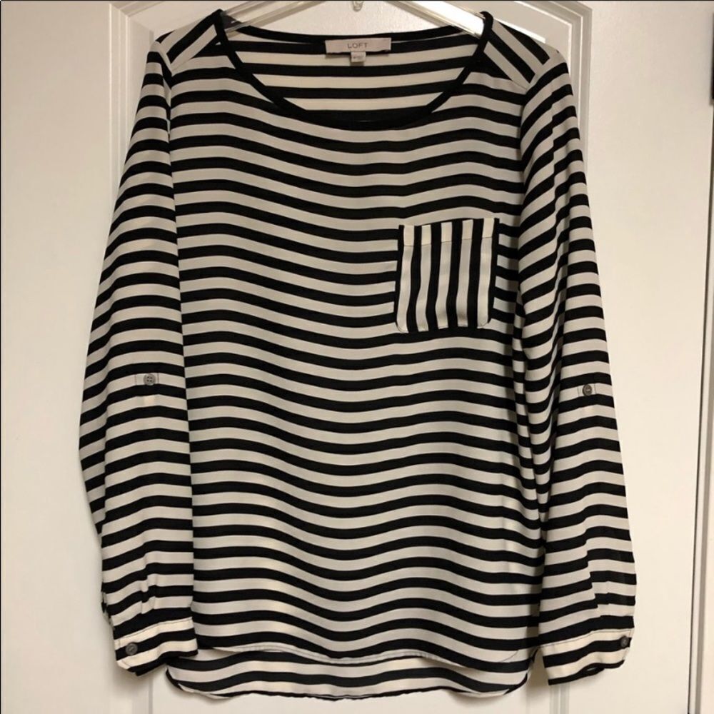 Loft black white stripe lightweight popover Blouse Tunic top M